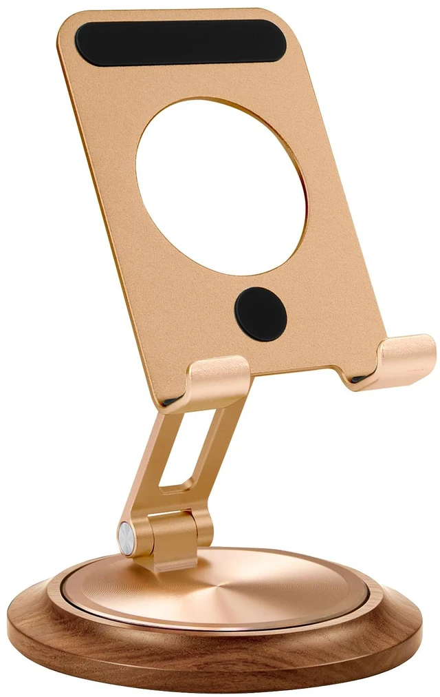 Main image of Dual Folding Phone Desk Stand, Wood, Rose Gold | Adjustable, Foldable, Beside Phone Holder,Wooden Base