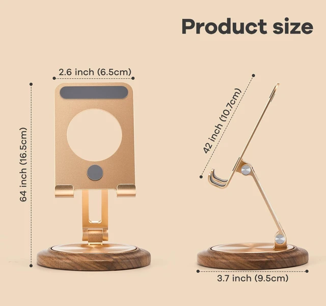 Alt view image 2 of 5 - Dual Folding Phone Desk Stand, Wood, Rose Gold | Adjustable, Foldable, Beside Phone Holder,Wooden Base