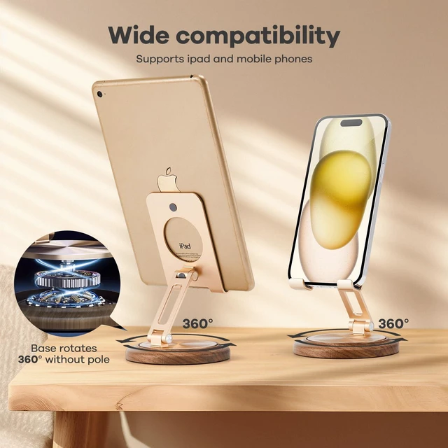 Alt view image 4 of 5 - Dual Folding Phone Desk Stand, Wood, Rose Gold | Adjustable, Foldable, Beside Phone Holder,Wooden Base