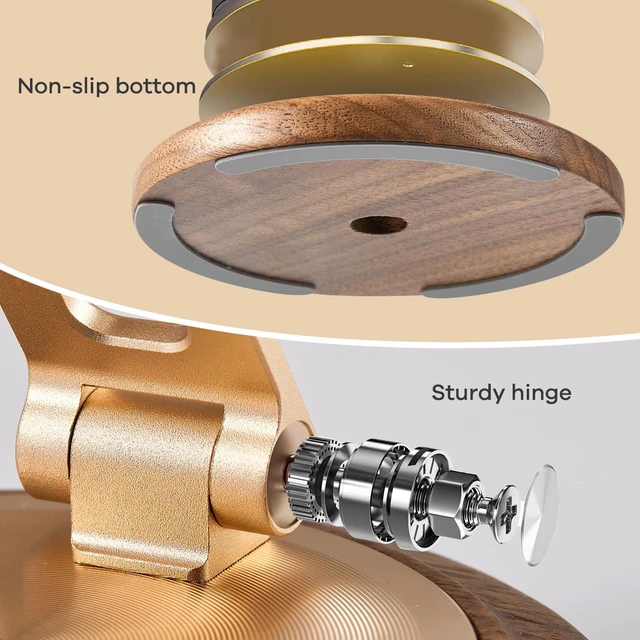 Alt view image 5 of 5 - Dual Folding Phone Desk Stand, Wood, Rose Gold | Adjustable, Foldable, Beside Phone Holder,Wooden Base