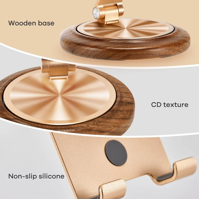 Alt view image 3 of 5 - Dual Folding Phone Desk Stand, Wood, Rose Gold | Adjustable, Foldable, Beside Phone Holder,Wooden Base