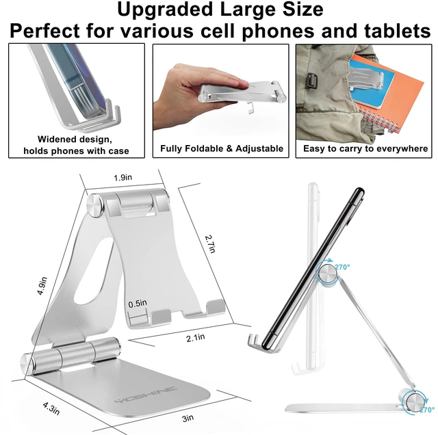 Alt view image 2 of 7 - Adjustable Phone Stands, Foldable Cell Phone Holder, Updated Solid Aluminum Phone Dock, Cradle, Portable Cell Phone Stand for Desk Universal Tablet Stand Fits All Android Smartphones - Silver