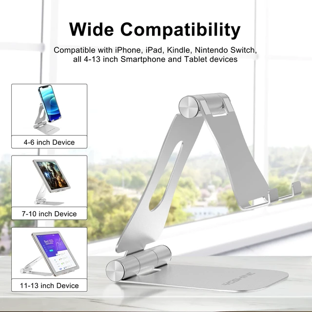 Alt view image 4 of 7 - Adjustable Phone Stands, Foldable Cell Phone Holder, Updated Solid Aluminum Phone Dock, Cradle, Portable Cell Phone Stand for Desk Universal Tablet Stand Fits All Android Smartphones - Silver