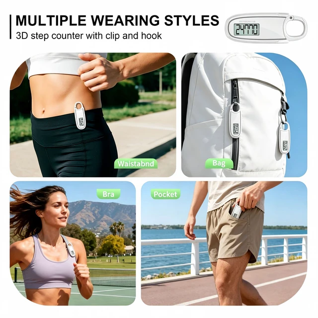 Alt view image 6 of 7 - Simple 3D Pedometer for Walking & Running, Accurate Step Counter No App Required, Non-Bluetooth Fitness Tracker with Clip, Lanyard & Large Display for Sports, Seniors, Men & Women(Mi-White)