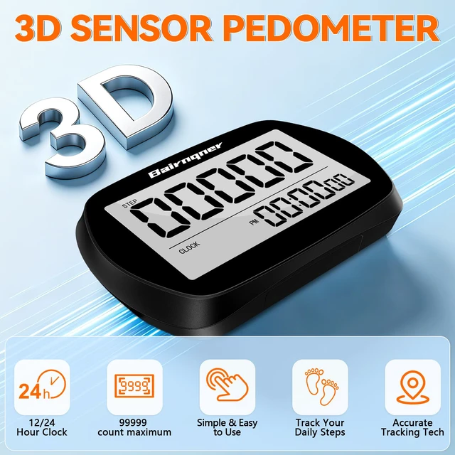 Alt view image 2 of 7 - 3D Pedometer for Walking Step Counter with Clock, Black | Walking Pedometer Step Tracker, Simple Step Counter with Clip Lanyard