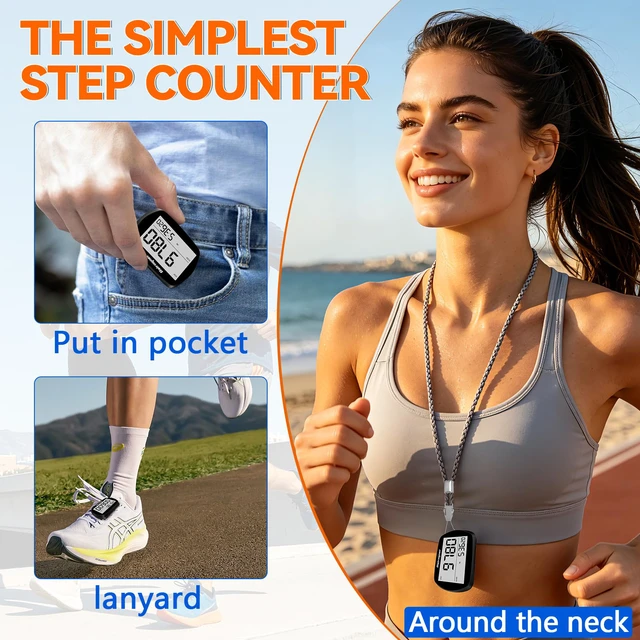 Alt view image 5 of 7 - 3D Pedometer for Walking Step Counter with Clock, Black | Walking Pedometer Step Tracker, Simple Step Counter with Clip Lanyard