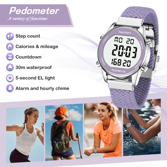Alt view image 3 of 7 - Ladies Pedometer Watch,Step,Mileage&Calorie Tracker,Large Numbers | Waterproof Fitness Watches Backlight/Countdown/Stopwatch,No Bluetooth or app,Step Counter for Walking,Running-2401 Purple