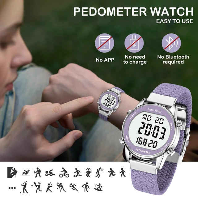 Alt view image 5 of 7 - Ladies Pedometer Watch,Step,Mileage&Calorie Tracker,Large Numbers | Waterproof Fitness Watches Backlight/Countdown/Stopwatch,No Bluetooth or app,Step Counter for Walking,Running-2401 Purple