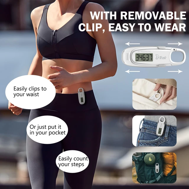 Alt view image 6 of 7 - 3D Pedometer for Walking with Removable Clip and Carabiner Simple Step Counter for Walking Accurate Clip On Step Tracker for Men Women Kids (White)