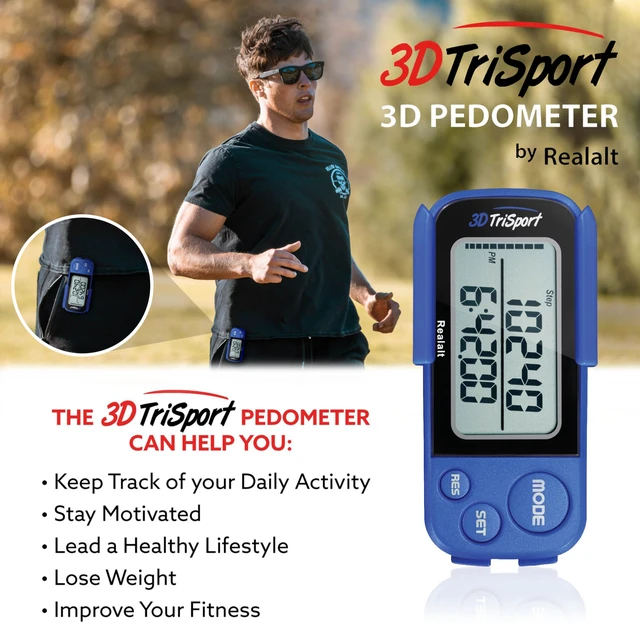 Alt view image 3 of 7 - 3DTriSport 3D Walking Pedometer with Clip & Strap, Accurate Step Counter with 30-Day Memory, Distance in Miles/KM Large Display Perfect for Seniors & Beginners eBook Included - Blue
