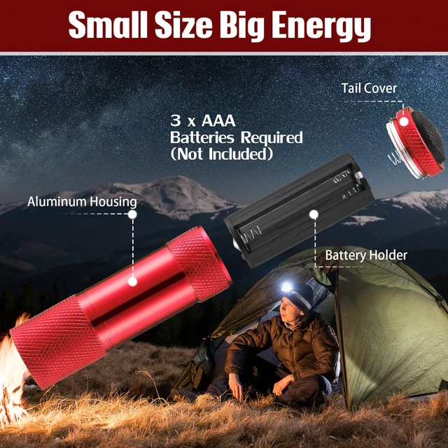 Alt view image 3 of 6 - 20 Pcs Mini Flashlights Bulk,Red | Aluminum LED Handheld Flashlights with Lanyard, Batteries Not Included, For Night Reading, Emergency, Camping, Hiking