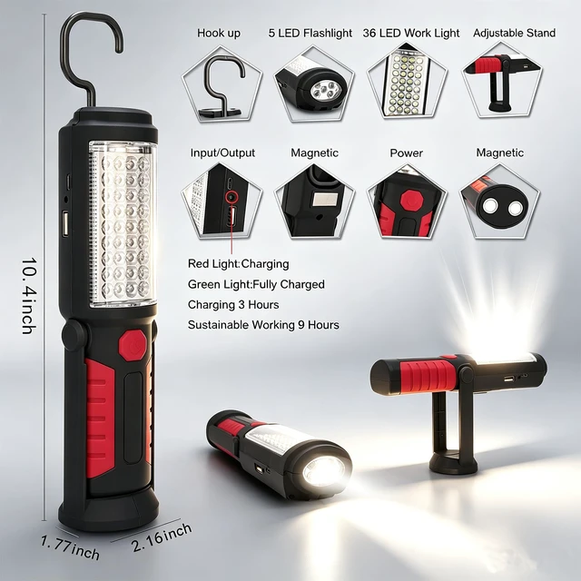 Alt view image 2 of 7 - Rechargeable Work Light Portable LED Multi-use Magnetic Flashlight with Hanging Hook, Waterproof Work Flashlight for Car Repair Household Blackout and Emergency(Red)