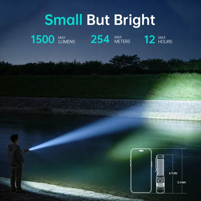 Alt view image 3 of 7 - Pocket EDC Tactical Flashlight Rechargeable Super Bright Black | 1500lm 4.9inch & Emergency One Click SOS, Small LED Flashlight USB-C Fast Charging, Waterproof Portable for Camping, Hiking