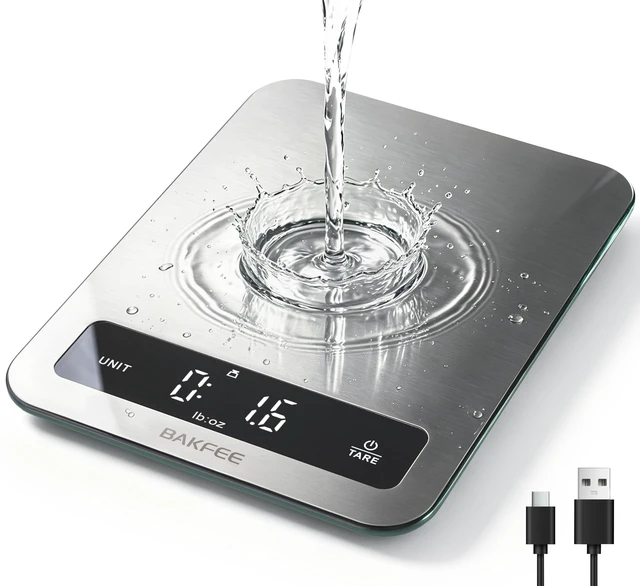 Main image of Waterproof Food Scale, 22lb Kitchen Scale, IP67, Rechargeable, Grey | 1g Precision, Premium Stainless Steel & Tempered Glass, Clear LED Display, 6 Units, Tare, for Cooking, Making Sourdough Bread