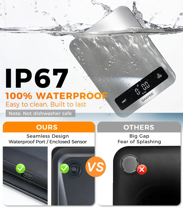 Alt view image 2 of 7 - Waterproof Food Scale, 22lb Kitchen Scale, IP67, Rechargeable, Grey | 1g Precision, Premium Stainless Steel & Tempered Glass, Clear LED Display, 6 Units, Tare, for Cooking, Making Sourdough Bread