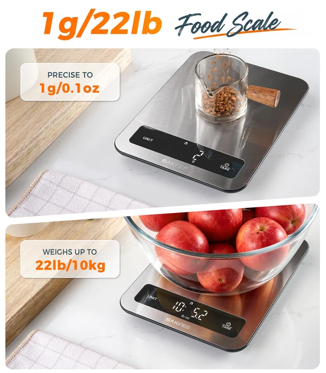 Alt view image 3 of 7 - Waterproof Food Scale, 22lb Kitchen Scale, IP67, Rechargeable, Grey | 1g Precision, Premium Stainless Steel & Tempered Glass, Clear LED Display, 6 Units, Tare, for Cooking, Making Sourdough Bread