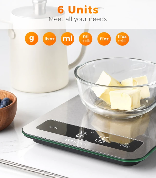 Alt view image 7 of 7 - Waterproof Food Scale, 22lb Kitchen Scale, IP67, Rechargeable, Grey | 1g Precision, Premium Stainless Steel & Tempered Glass, Clear LED Display, 6 Units, Tare, for Cooking, Making Sourdough Bread