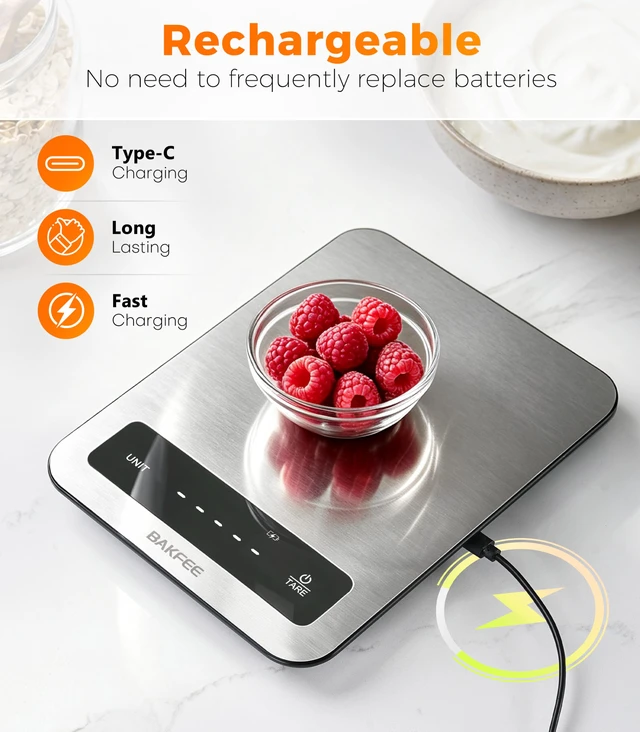 Alt view image 5 of 7 - Waterproof Food Scale, 22lb Kitchen Scale, IP67, Rechargeable, Grey | 1g Precision, Premium Stainless Steel & Tempered Glass, Clear LED Display, 6 Units, Tare, for Cooking, Making Sourdough Bread