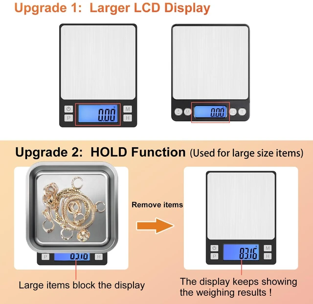 Alt view image 2 of 6 - 0.01g Small Digital Gram Scale, Upgraded 1kg Jewelry Scale | Larger Display, Hold Function, High Precision, Grams and Ounces for Herb, Coin, Powder,Yeast, Kitchen Black