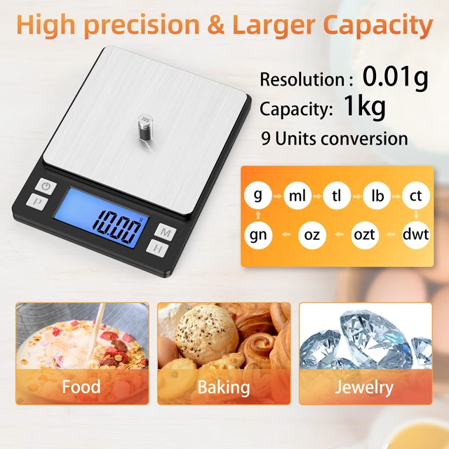 Alt view image 3 of 6 - 0.01g Small Digital Gram Scale, Upgraded 1kg Jewelry Scale | Larger Display, Hold Function, High Precision, Grams and Ounces for Herb, Coin, Powder,Yeast, Kitchen Black