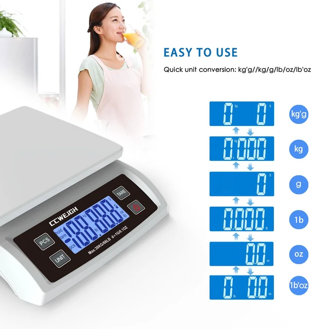 Alt view image 7 of 7 - Digital Kitchen Scale 30KG/66LB, Stainless Bread Scale with LCD Display, Multi Unit Conversion for BakingSupermarket Express Delivery, Counting Scale (White)