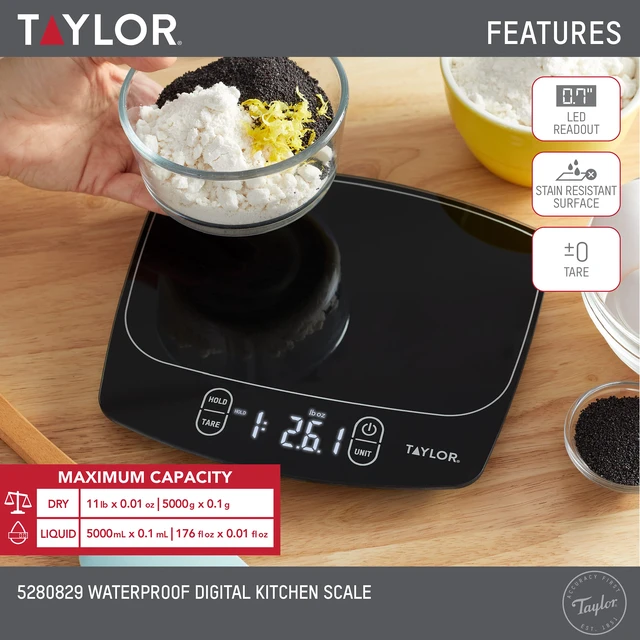Alt view image 2 of 7 - Waterproof Digital Kitchen Scale, 11 pounds, Black | IP67 Rated, LED Display, Tare Function, 11 lb / 5000 g / 176 fl oz Capacity, Food Scale for Precise Cooking and Meal Prep