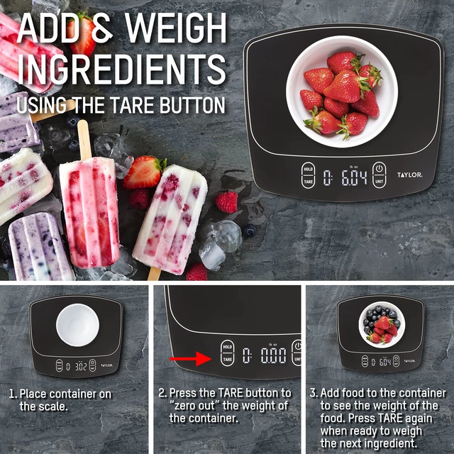 Alt view image 5 of 7 - Waterproof Digital Kitchen Scale, 11 pounds, Black | IP67 Rated, LED Display, Tare Function, 11 lb / 5000 g / 176 fl oz Capacity, Food Scale for Precise Cooking and Meal Prep