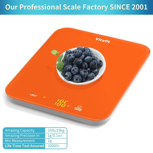 Alt view image 2 of 7 - 33lb/15kg Digital Food Scale in High Precision 0.1oz/1g, Our Own Kitchen Scale Professional Factory Since 2001, Kitchen Essentials for Cooking & Baking, LED, 3xAAA Battery, Refreshing Orange