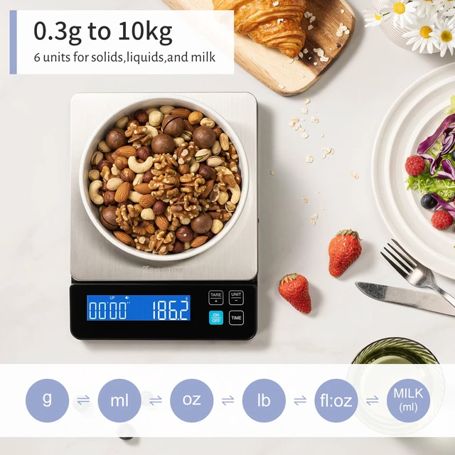 Alt view image 2 of 7 - Digital Kitchen Scale 10kg/22lb ; Food Scale 0.1g Precision | Timer;Detachable Display;6.9" Large Platform;Backlit LCD;6 Units