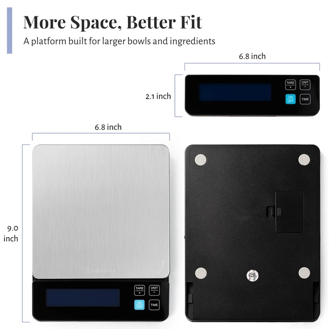 Alt view image 3 of 7 - Digital Kitchen Scale 10kg/22lb ; Food Scale 0.1g Precision | Timer;Detachable Display;6.9" Large Platform;Backlit LCD;6 Units