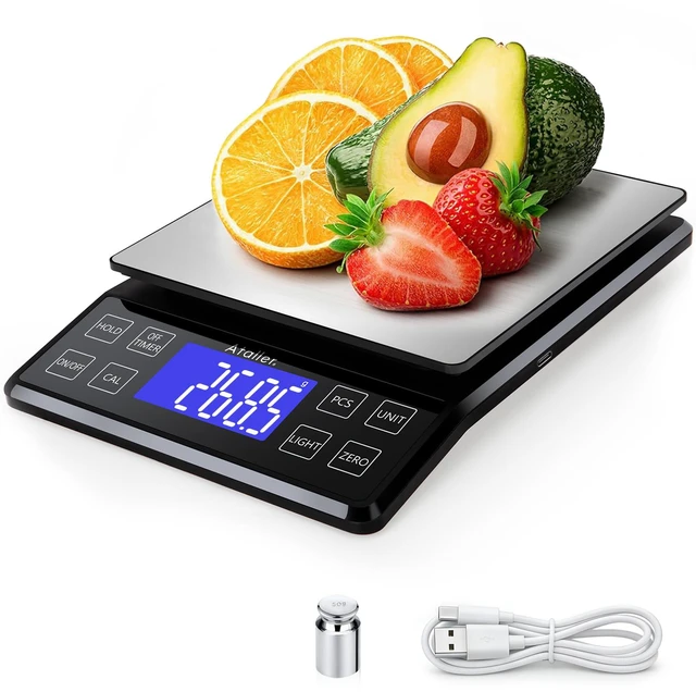 Main image of Rechargeable Digital Kitchen Scale, 0.1g Resolution Max 5kg 11Ibs | Food Scale with PCS Counting, Hold, Tare Functions, 6.3"x6.3" Large Stainless Steel Platform, for Cooking, Baking, Meal Prep