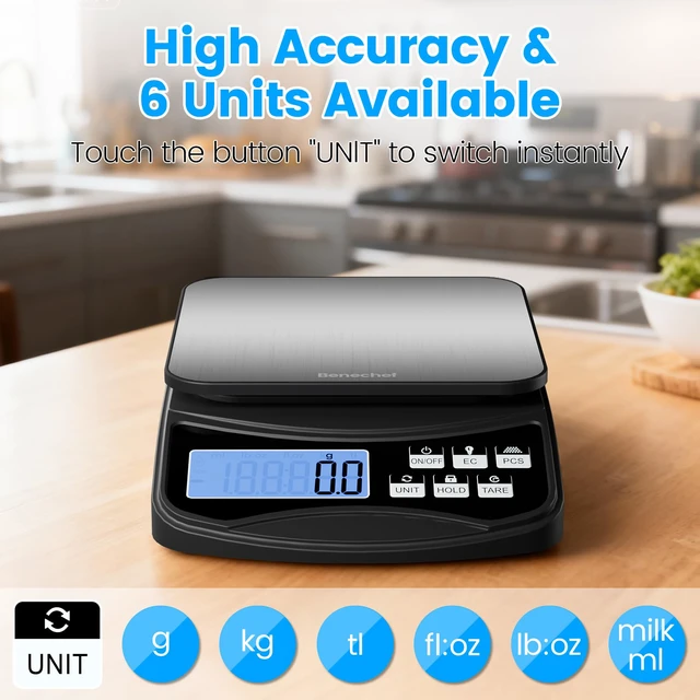 Alt view image 4 of 7 - Food Scale, Digital Kitchen Scale with Large Panel, Weight Grams and Ounces for Baking Cooking and Meal Prep, 6 Units with Tare Function, 11lb 5kg/0.1g Batteries and USB Charging