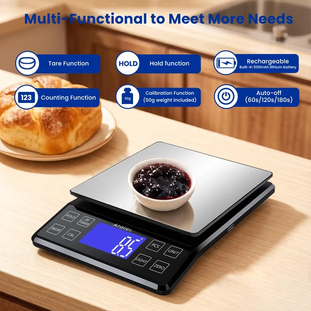 Alt view image 2 of 7 - Rechargeable Digital Kitchen Scale, 0.1g Resolution Max 5kg 11Ibs | Food Scale with PCS Counting, Hold, Tare Functions, 6.3"x6.3" Large Stainless Steel Platform, for Cooking, Baking, Meal Prep