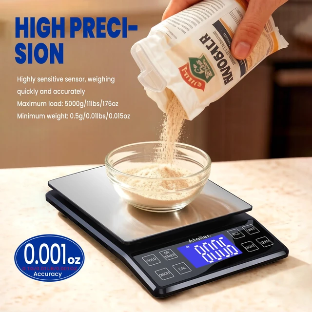 Alt view image 3 of 7 - Rechargeable Digital Kitchen Scale, 0.1g Resolution Max 5kg 11Ibs | Food Scale with PCS Counting, Hold, Tare Functions, 6.3"x6.3" Large Stainless Steel Platform, for Cooking, Baking, Meal Prep