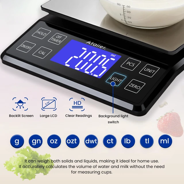 Alt view image 5 of 7 - Rechargeable Digital Kitchen Scale, 0.1g Resolution Max 5kg 11Ibs | Food Scale with PCS Counting, Hold, Tare Functions, 6.3"x6.3" Large Stainless Steel Platform, for Cooking, Baking, Meal Prep