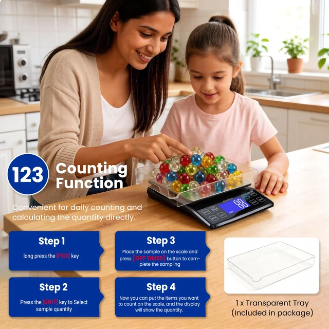 Alt view image 7 of 7 - Rechargeable Digital Kitchen Scale, 0.1g Resolution Max 5kg 11Ibs | Food Scale with PCS Counting, Hold, Tare Functions, 6.3"x6.3" Large Stainless Steel Platform, for Cooking, Baking, Meal Prep