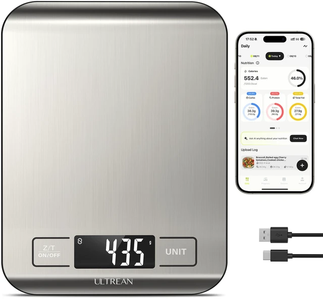 Main image of Smart Food Kitchen Scale with Nutritional Calculator, App for Macro & Calorie Tracking, AI Scan, Digital Grams and Ounces for Weight Loss, Rechargeable, Stainless Steel, 33lb /15kg