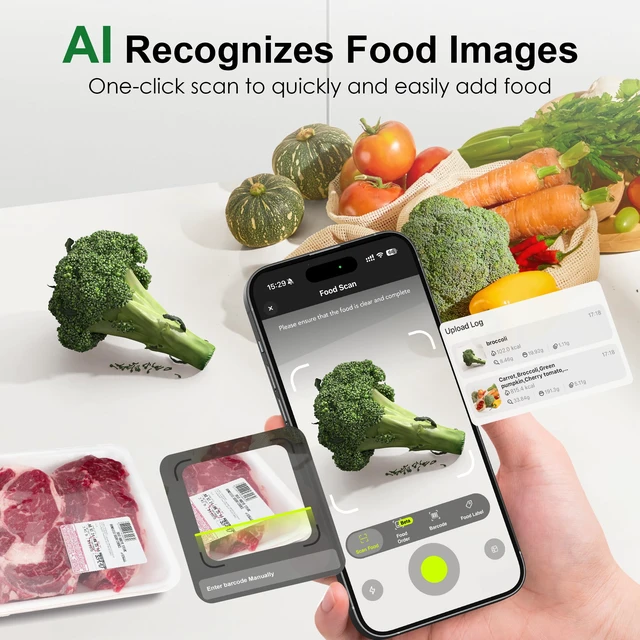 Alt view image 3 of 7 - Smart Food Kitchen Scale with Nutritional Calculator, App for Macro & Calorie Tracking, AI Scan, Digital Grams and Ounces for Weight Loss, Rechargeable, Stainless Steel, 33lb /15kg