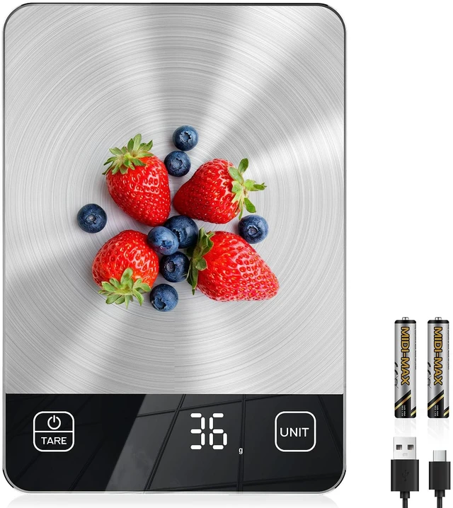 Main image of 33lb Rechargeable Digital Kitchen Scale for Cooking, 9 x 6.3inch | 0.1oz/1g Precision, USB Charging/Batteries, Stainless Steel Platform & Tempered Glass, LCD Display, 6 Units, Tare, Hangable