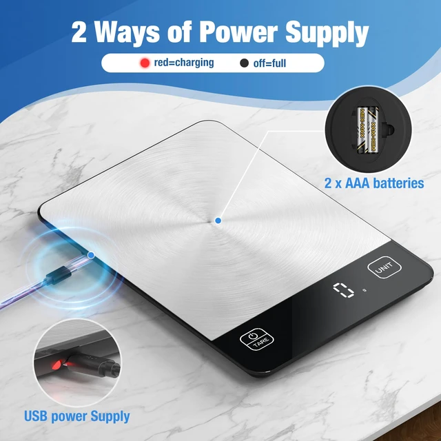Alt view image 3 of 7 - 33lb Rechargeable Digital Kitchen Scale for Cooking, 9 x 6.3inch | 0.1oz/1g Precision, USB Charging/Batteries, Stainless Steel Platform & Tempered Glass, LCD Display, 6 Units, Tare, Hangable