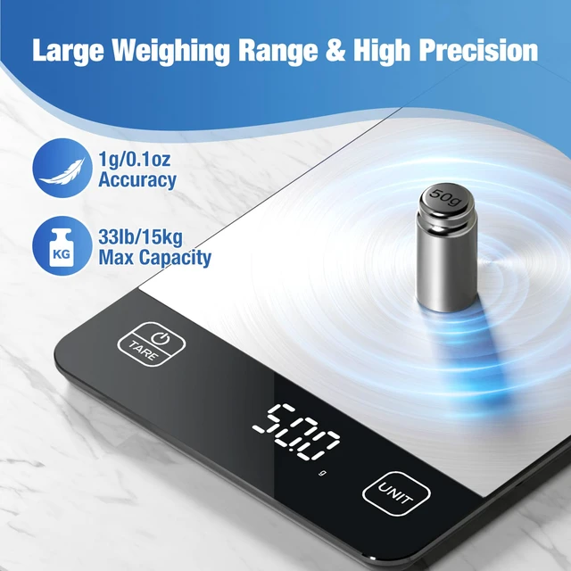 Alt view image 4 of 7 - 33lb Rechargeable Digital Kitchen Scale for Cooking, 9 x 6.3inch | 0.1oz/1g Precision, USB Charging/Batteries, Stainless Steel Platform & Tempered Glass, LCD Display, 6 Units, Tare, Hangable
