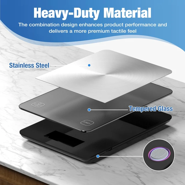 Alt view image 6 of 7 - 33lb Rechargeable Digital Kitchen Scale for Cooking, 9 x 6.3inch | 0.1oz/1g Precision, USB Charging/Batteries, Stainless Steel Platform & Tempered Glass, LCD Display, 6 Units, Tare, Hangable