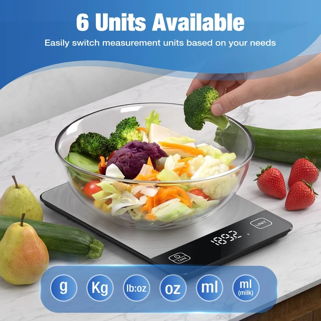 Alt view image 7 of 7 - 33lb Rechargeable Digital Kitchen Scale for Cooking, 9 x 6.3inch | 0.1oz/1g Precision, USB Charging/Batteries, Stainless Steel Platform & Tempered Glass, LCD Display, 6 Units, Tare, Hangable