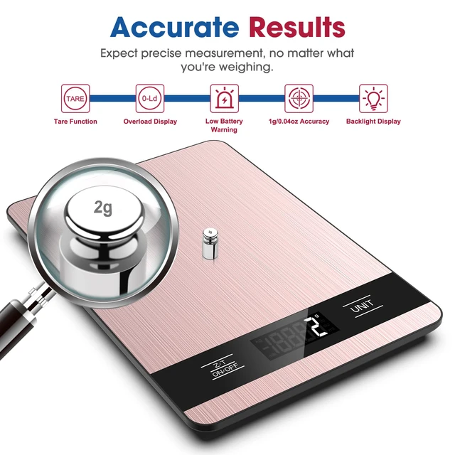 Alt view image 3 of 7 - Food Scale, 11lb Digital Kitchen Scale with LCD Display 6 Units Tare Function, Stainless Steel Weight Grams and Ounces for Baking, Cooking and Meal Prep (Batteries Included)