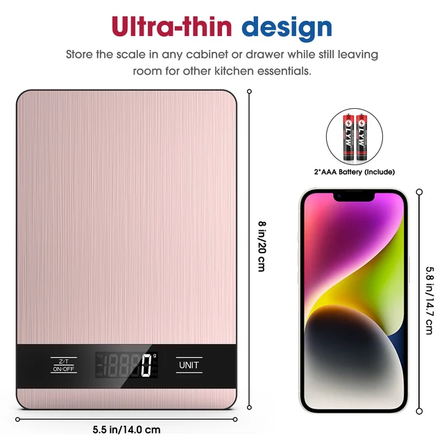 Alt view image 4 of 7 - Food Scale, 11lb Digital Kitchen Scale with LCD Display 6 Units Tare Function, Stainless Steel Weight Grams and Ounces for Baking, Cooking and Meal Prep (Batteries Included)
