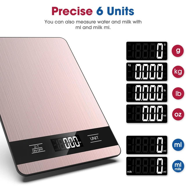 Alt view image 2 of 7 - Food Scale, 11lb Digital Kitchen Scale with LCD Display 6 Units Tare Function, Stainless Steel Weight Grams and Ounces for Baking, Cooking and Meal Prep (Batteries Included)