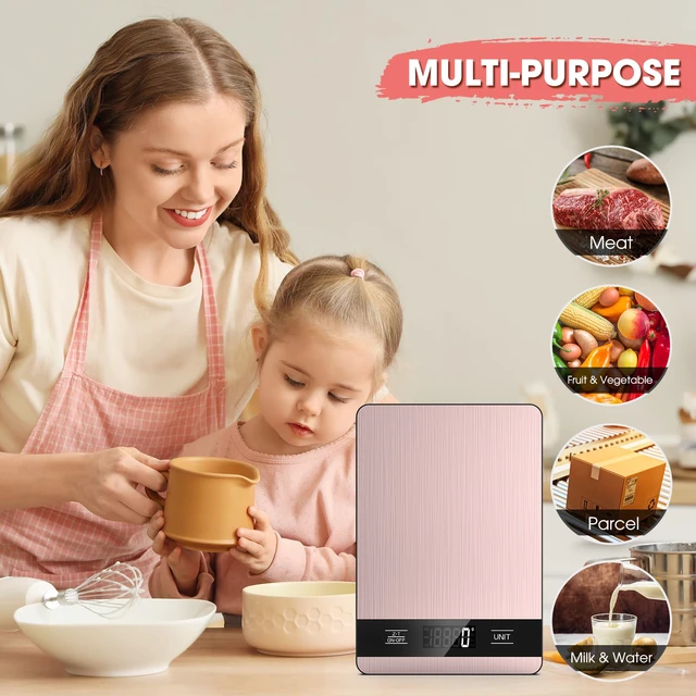 Alt view image 7 of 7 - Food Scale, 11lb Digital Kitchen Scale with LCD Display 6 Units Tare Function, Stainless Steel Weight Grams and Ounces for Baking, Cooking and Meal Prep (Batteries Included)