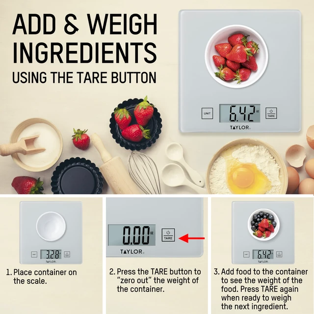 Alt view image 6 of 6 - Compact Glass Kitchen Food Scale, 11 lb Capacity Digital Scale for Baking, Cooking, Meal Prep, Portion Control, Thin Lightweight Design, Easy-to-Read Display, White