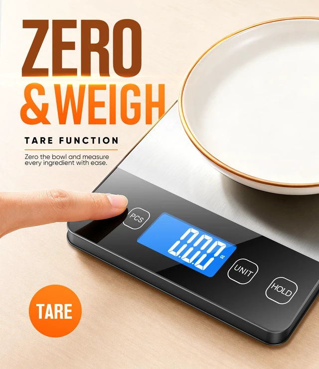 Alt view image 4 of 7 - Food Scale 33 lb Capacity, Rechargeable Kitchen Scale with 7 Units | Digital Scale with Hold Function, One-Touch Tare, USB-C, AAA Battery Backup, PCS Counting
