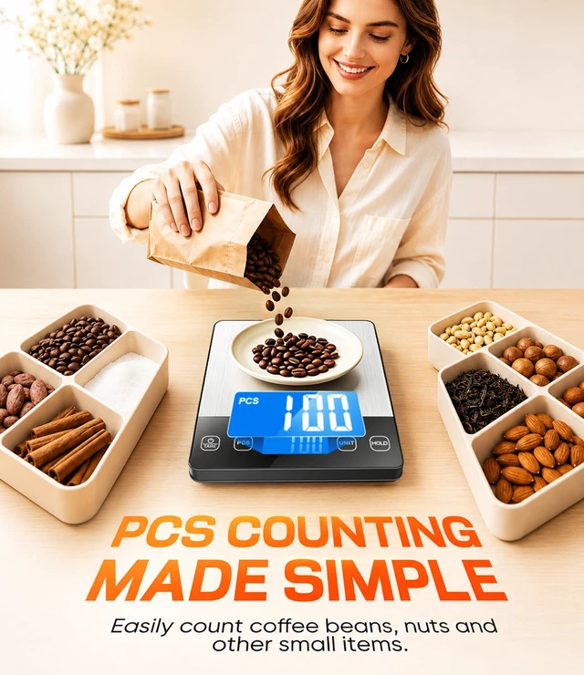 Alt view image 5 of 7 - Food Scale 33 lb Capacity, Rechargeable Kitchen Scale with 7 Units | Digital Scale with Hold Function, One-Touch Tare, USB-C, AAA Battery Backup, PCS Counting